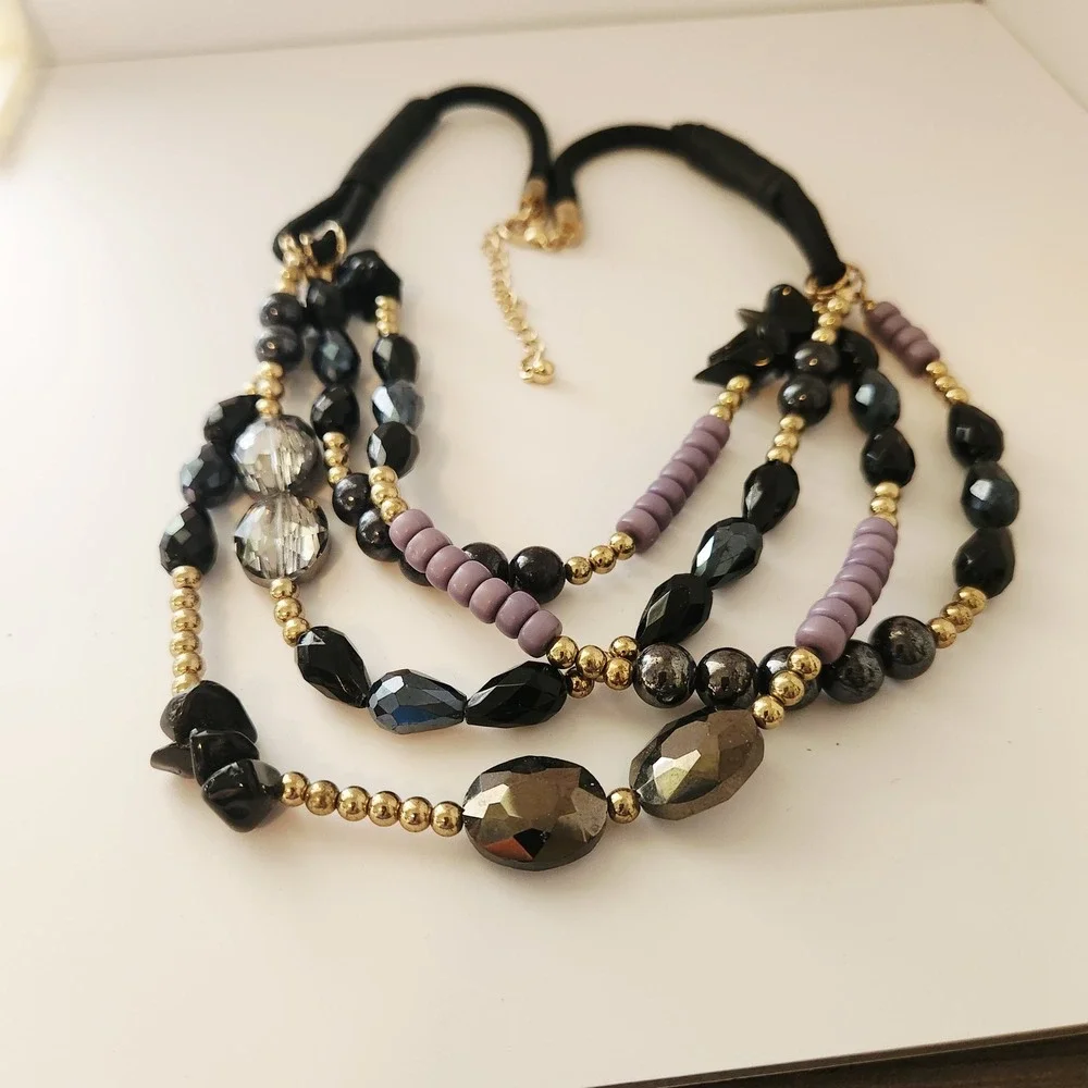 Multi Strand Statement Necklace Black Purple Gold Beaded Layered Cord Adjustable